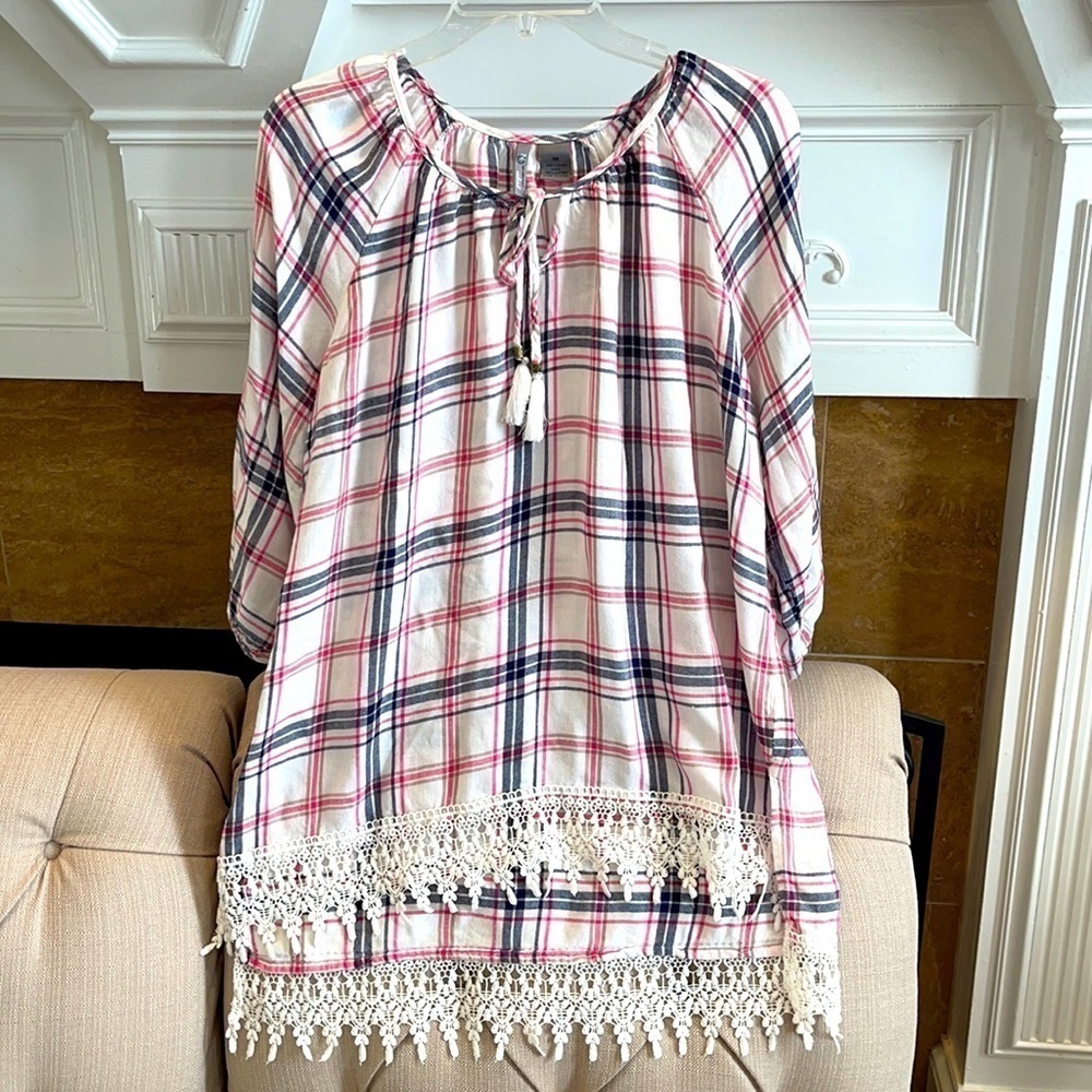 new Directions Plaid Lace High Low Bohemian Tunic